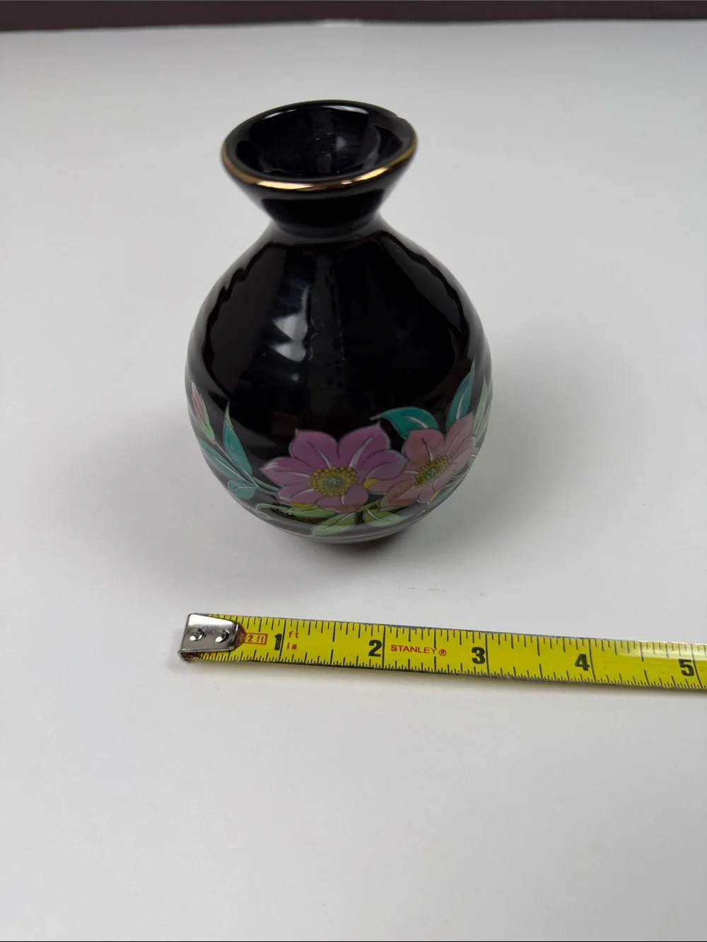 Vintage Black Floral Bud Vase Japan Hand Painted Pink Flowers Gold Trim Ceramic